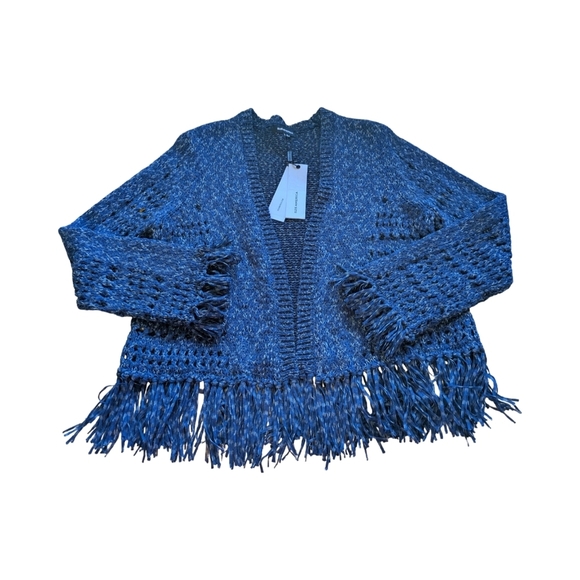 525 America NWT Fringe Cardigan Open Knit Sweater In Navy Combo - Picture 2 of 14